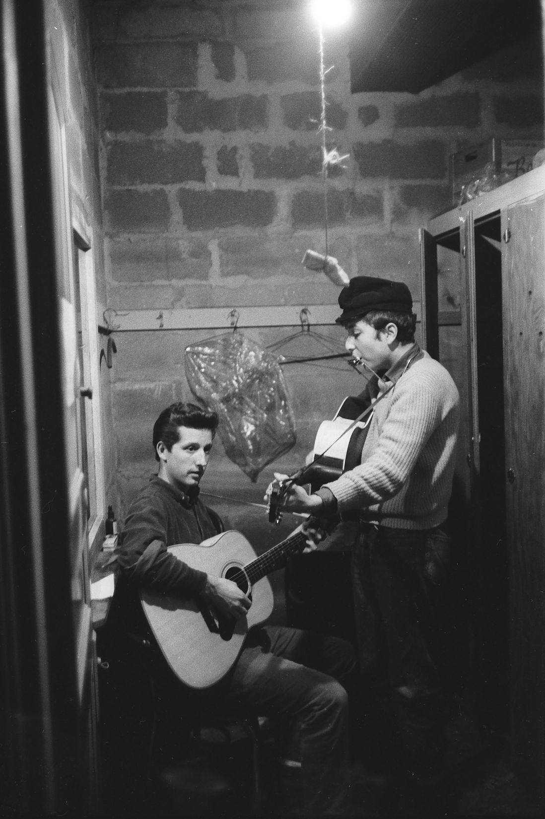 Dylan with Mark Spoelstra in the basement of Gerde's Folk City in Greenwich Village<br/>